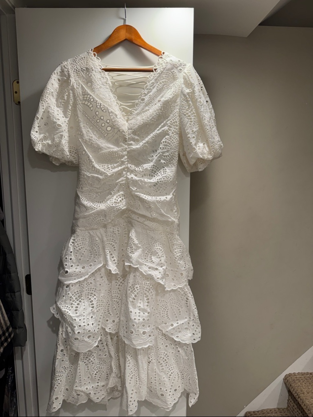 FARM Rio White Eyelet Lace Tiered Midi Dress